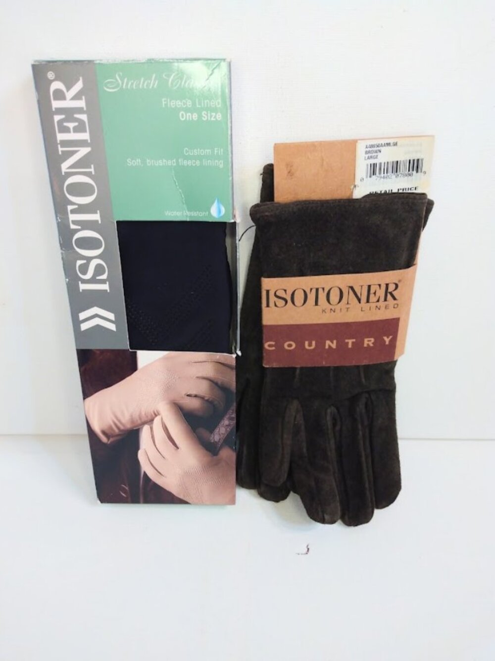 Vintage Isotoner Gloves Stretch Classics Black Fleece Lined & Brown Suede OSFM